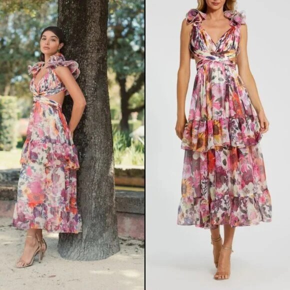 Mac Duggal Dresses & Skirts - NWT | Mac Duggal 56048 White Multi Floral Chiffon Tiered Cut-Out Midi Dress Sz 2